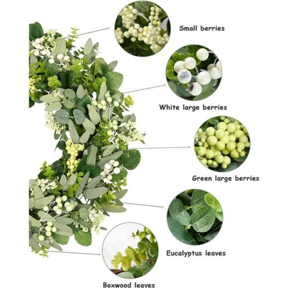 Green Eucalyptus Leaf Wreath, 24 Inch Artificial Spring Summer Wreaths - Picture 5 of 7